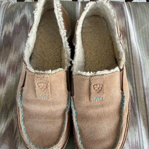 Ariat Tan Suede Shearling-Lined Moccasins with Turquoise Stitching